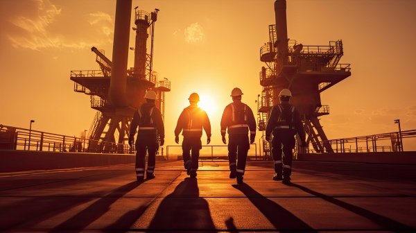 Team of oil workers walking out of oil rig on desert silhouette at sunset, power industry machines for producing petroleum gas. Mining and Refining