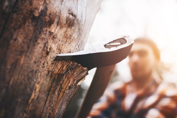 Strong lumberjack with an ax in his hands close up